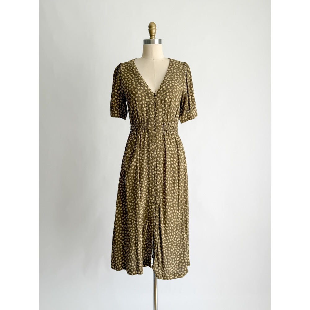 Madewell Floral Button Front Midi Dress 2 Green Short Sleeve V-Neck Elastic